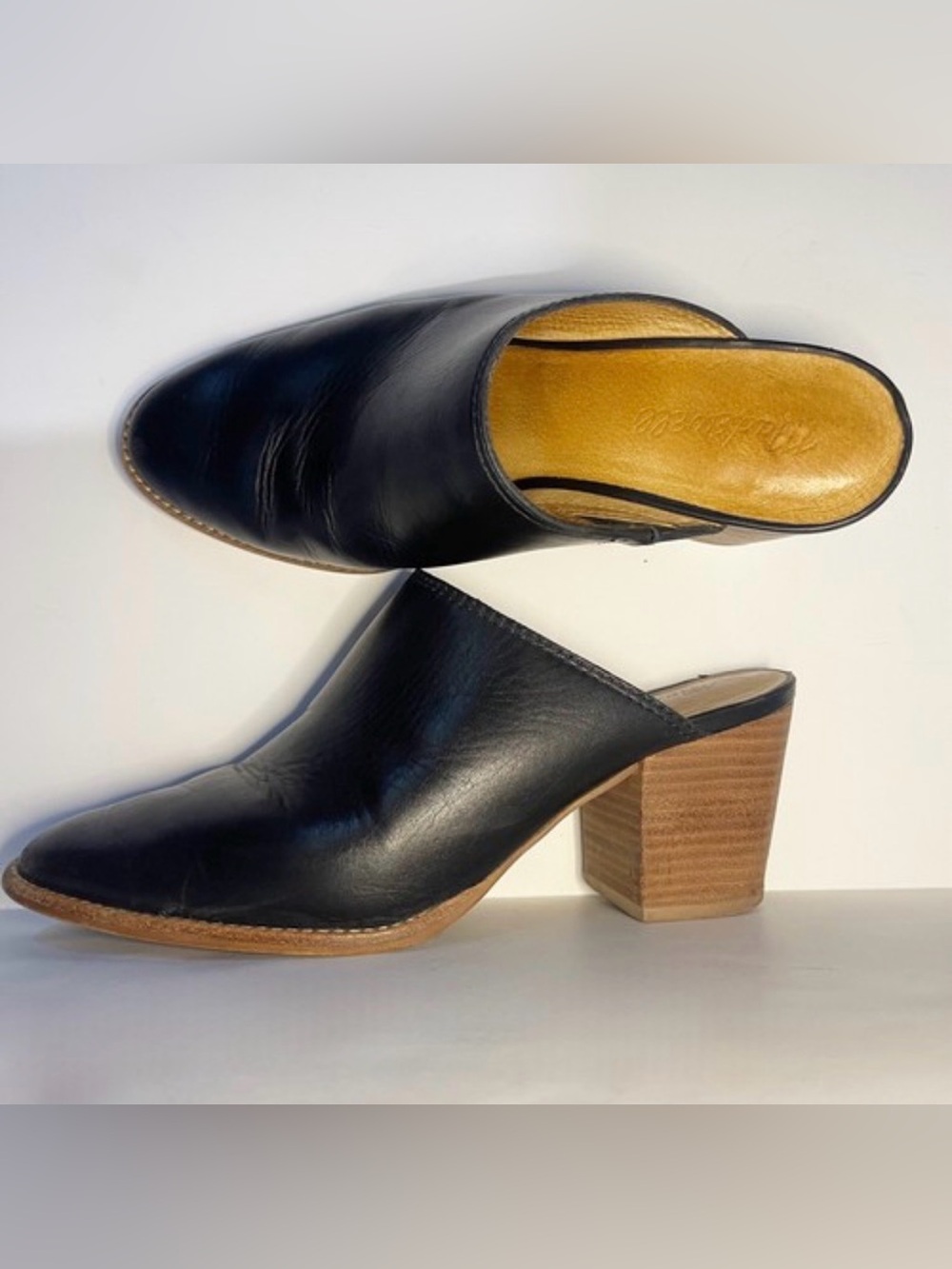 Madewell Harper Black Leather Stacked Heel Mules Size 8.5